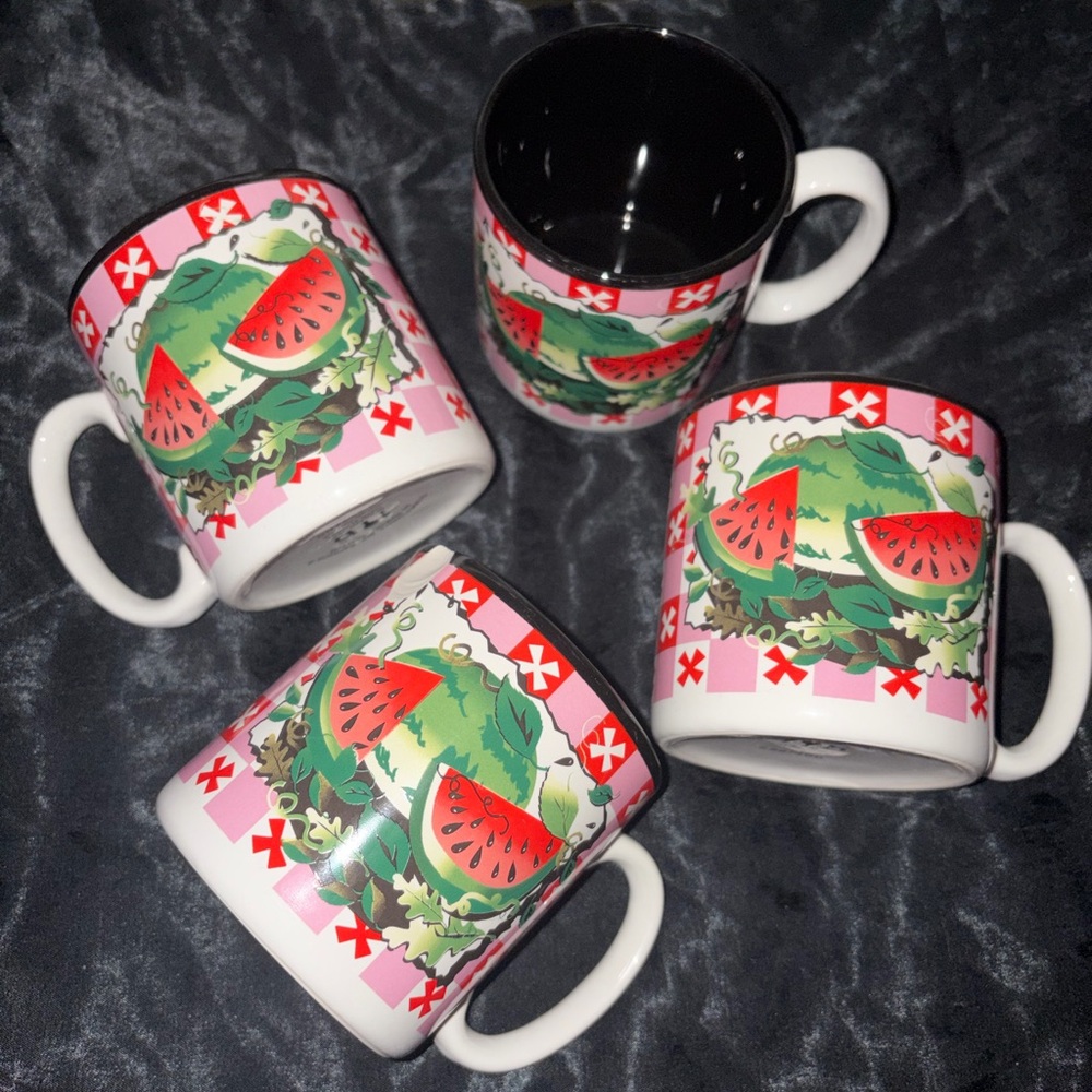 1996 Pink Checkered Watermelon Mugs Set of 4